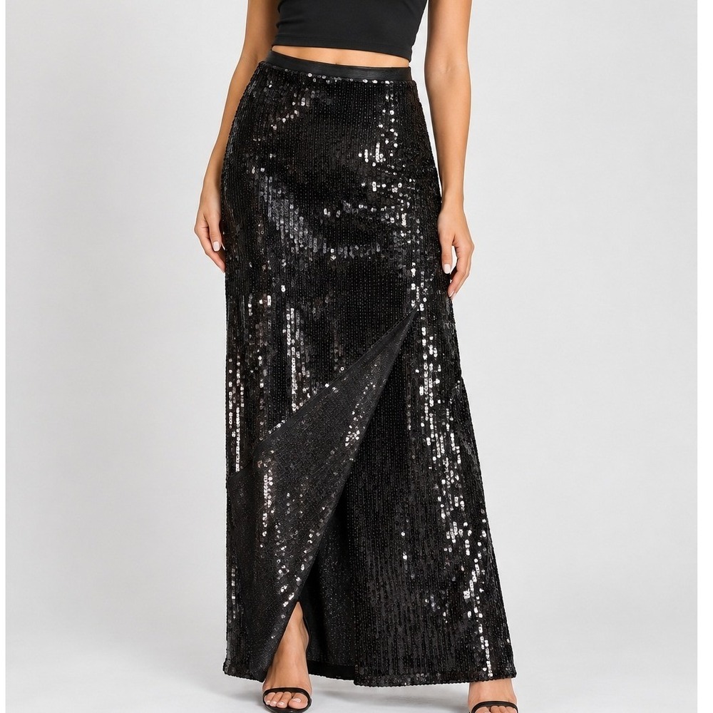 H&M Black Sequin Maxi Skirt High Slit Evening Party US 2 NEW Holiday Coquette
